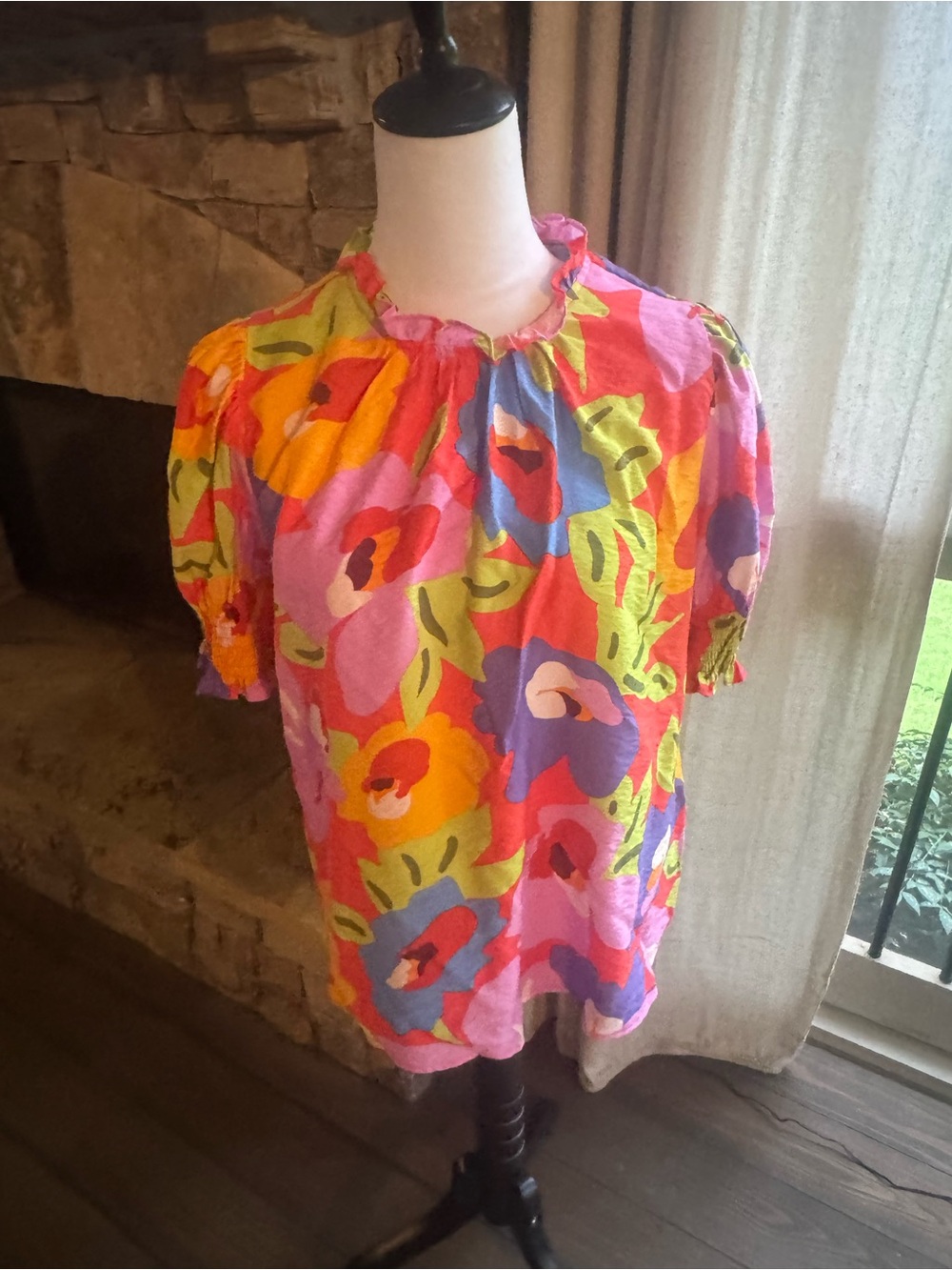 Periwinkle Collection Preppy Smocked Sleeved Floral Ruffle Shirt Top M Medium